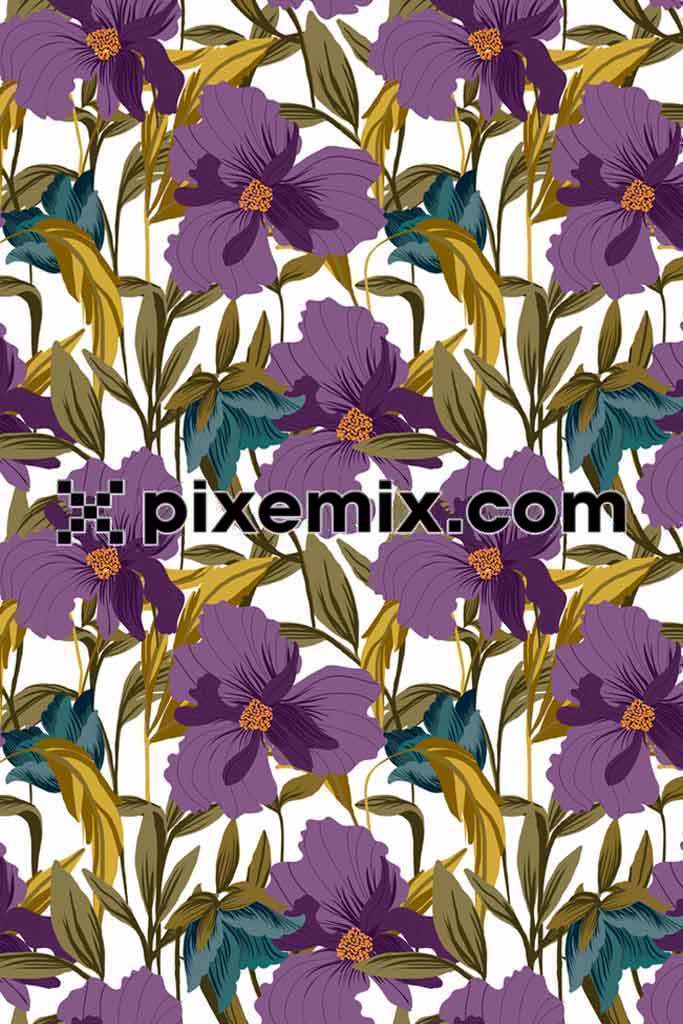 Purple and green floral product graphic with seamless repeat pattern