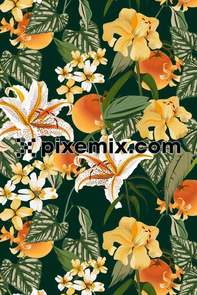 Tiger lily and fruit product graphic with seamless repeat pattern