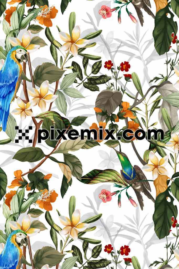 Macaw & humming in tropical flower product graphic with seamless repeat pattern