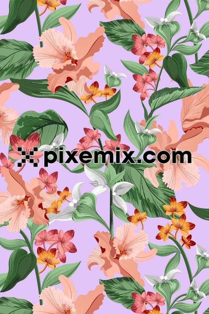 Peach and purple flower product graphic with seamless repeat pattern