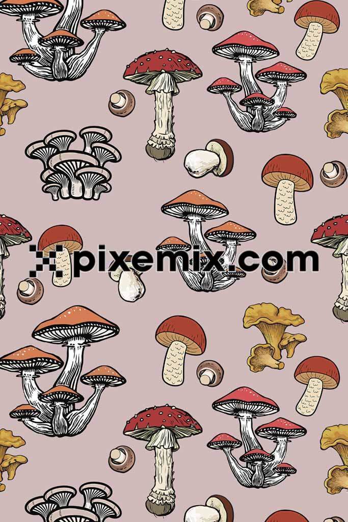 Trendy doodle mushroom product graphic with seamless repeat pattern