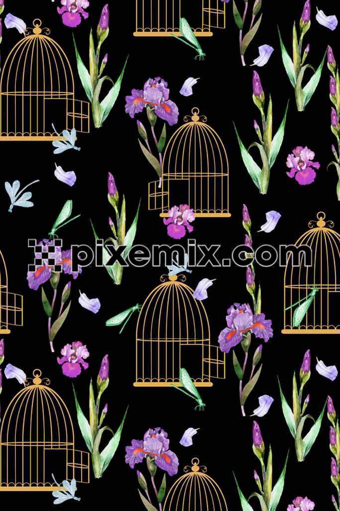 Bird cage and pink flower product graphic with seamless repeat pattern