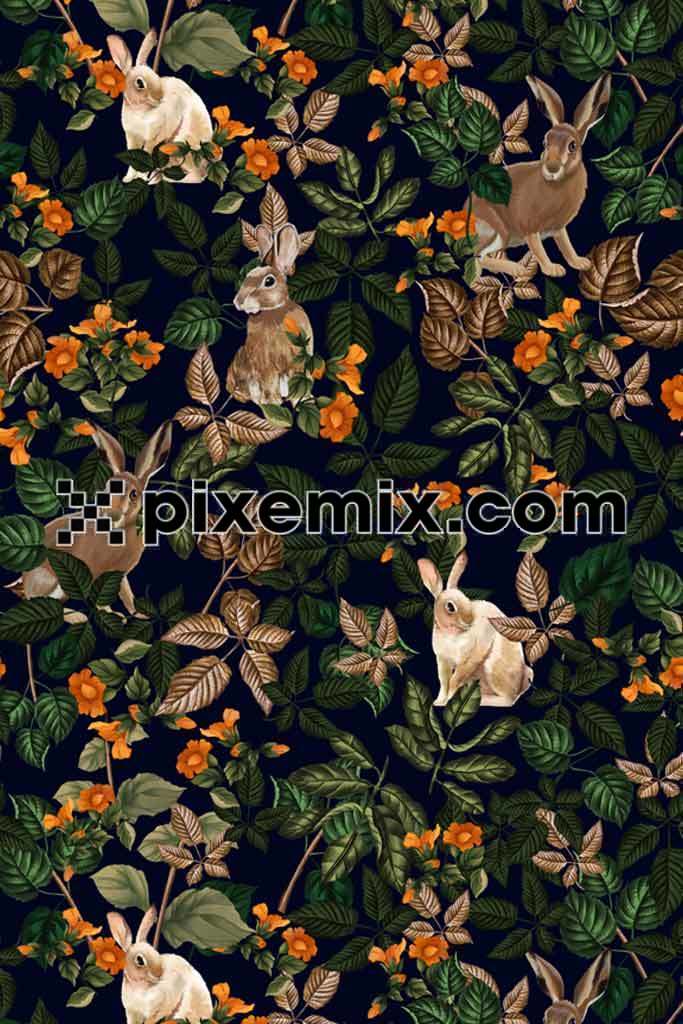 Botanical hare product graphic with seamless repeat pattern