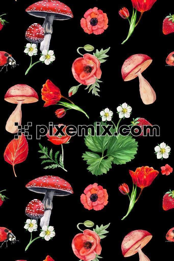 Tropical poppy flower and mushroom product graphic with seamless repeat pattern