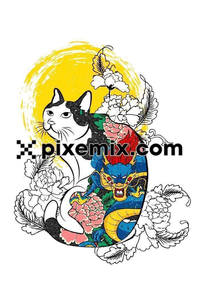 Oriental doodle cat vector product graphic