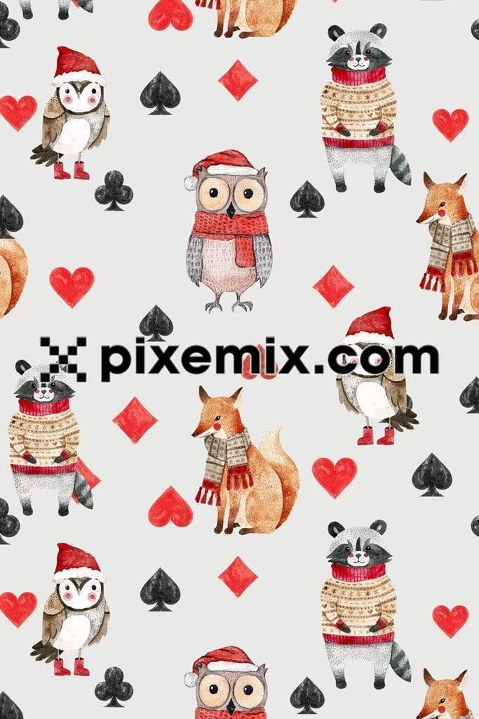 Winter owl & fox product graphic with playing card suits signs seamless repeat pattern