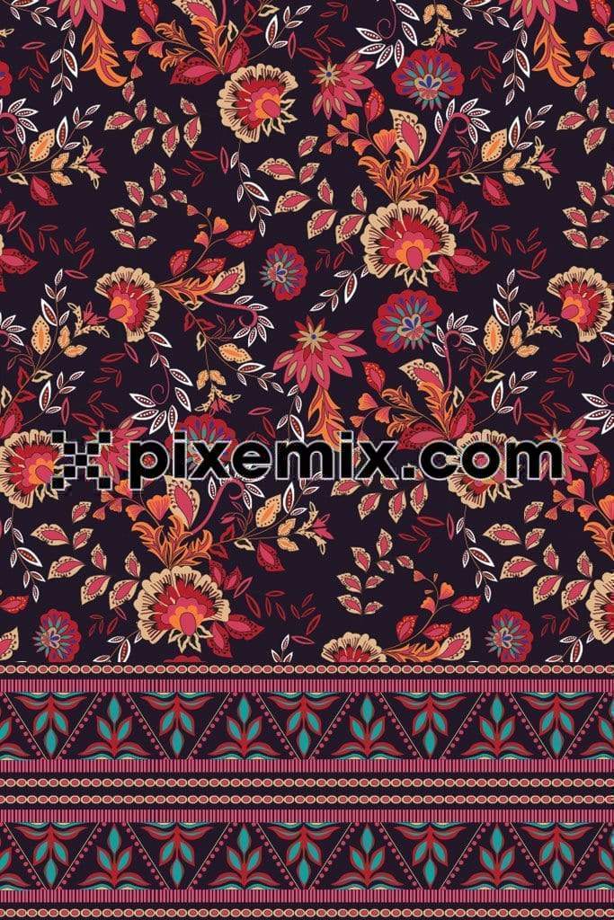 Chintz ethnic floral vector product graphic with seamless repeat pattern and border