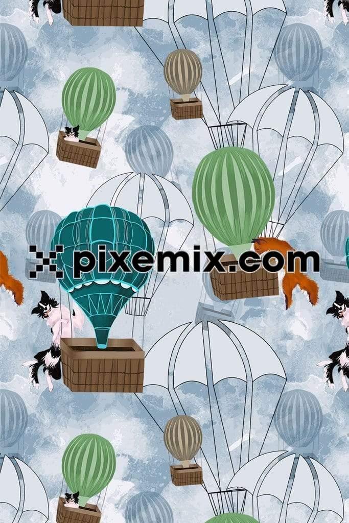 Vintage dog on air balloon surreal product graphic with seamless repeat pattern