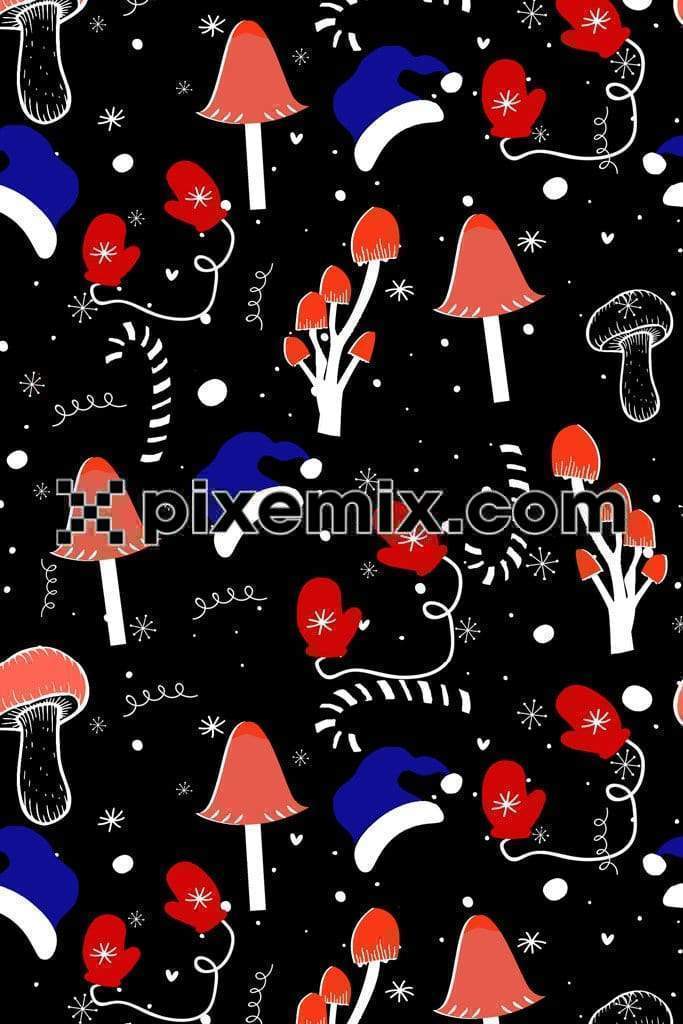 Cute christmas mushroom gloves socks and cap product graphic with seamless repeat pattern