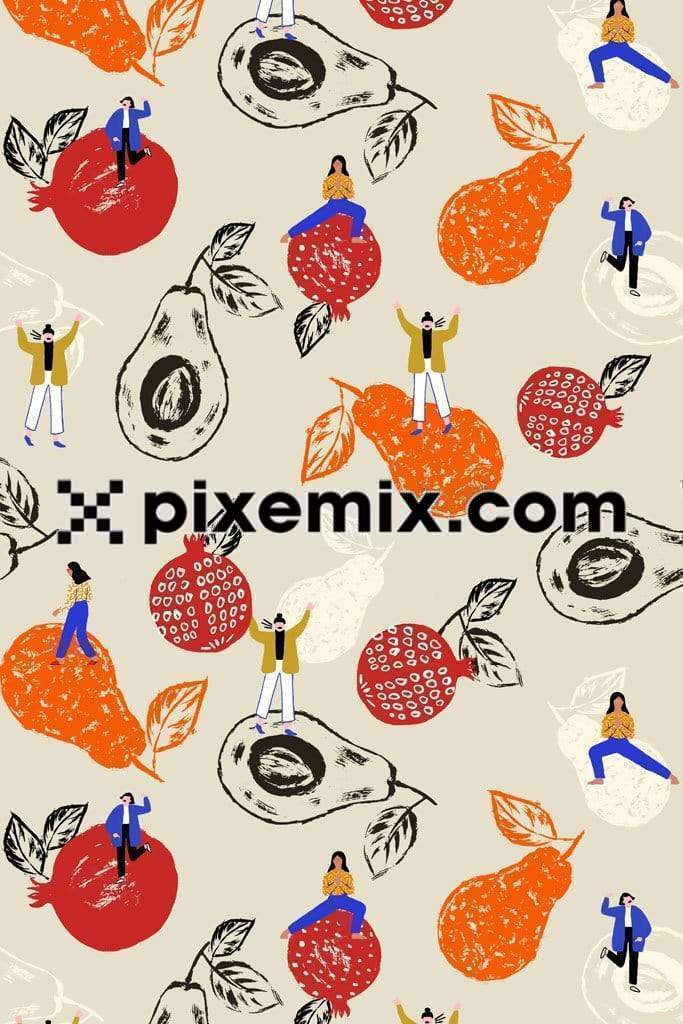 Human figure on sketchy fruit product graphic with seamless repeat pattern