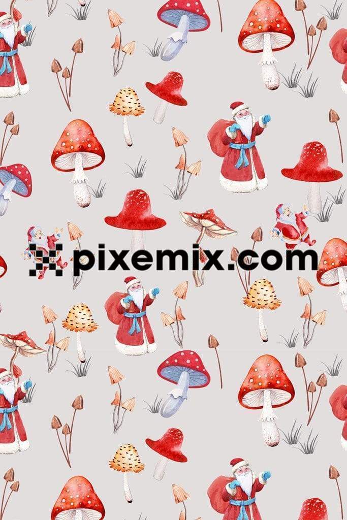 Water color santa & mushroom product graphic with seamless repeat pattern