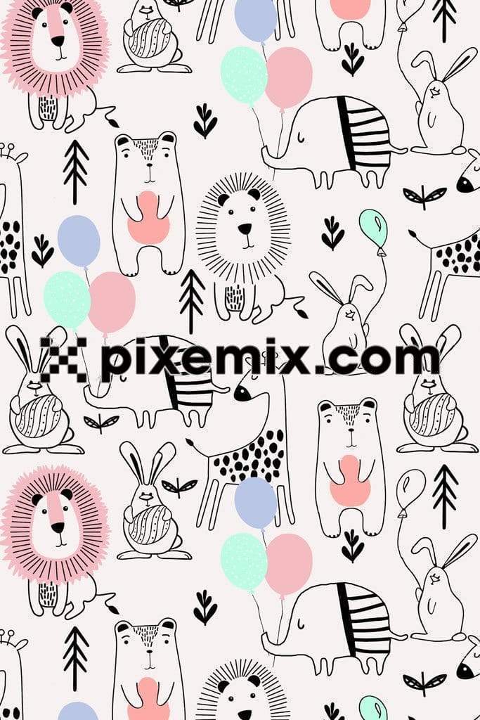 Cute doodle animal & balloon product graphic with seamless repeat pattern