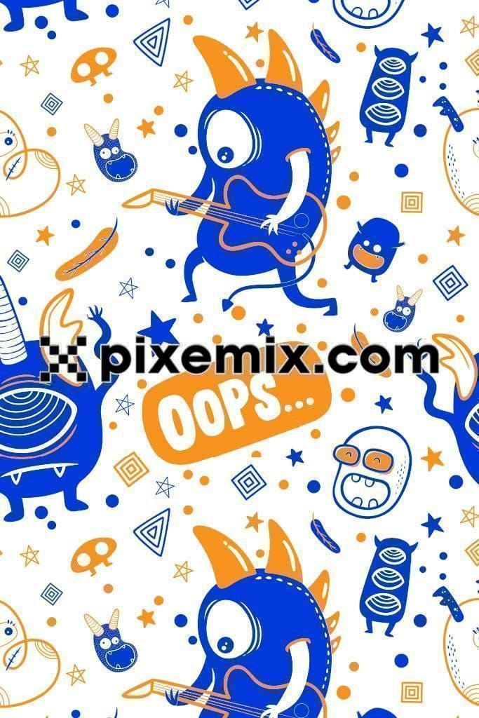 Cute rockstar monster vector product graphic with seamless repeat pattern