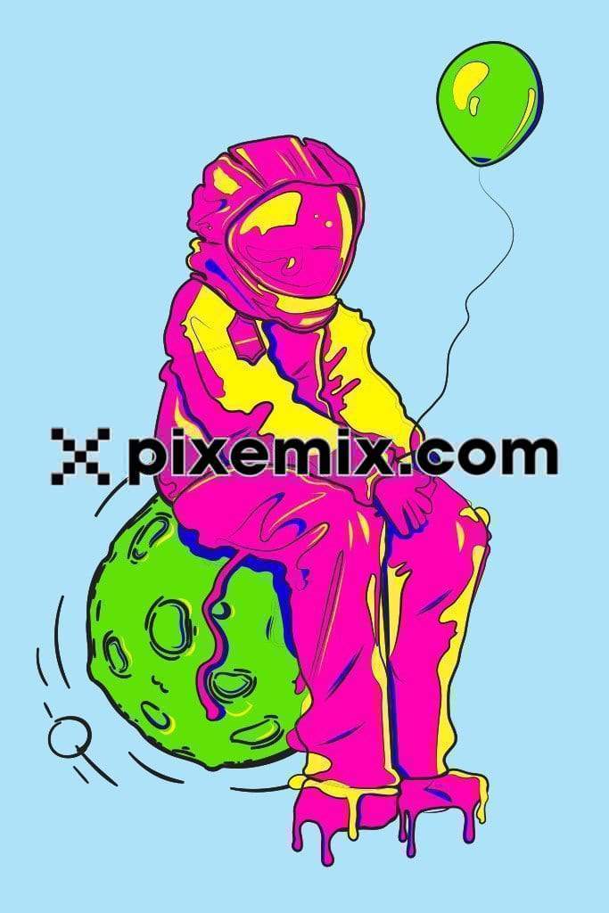Pop astronaut sitting on planet and holding balloon vector product graphic