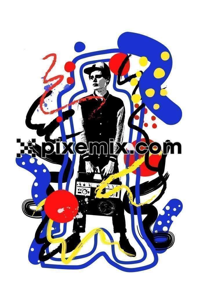Abstract pop art inspired vintage boy holding boombox vector product graphic