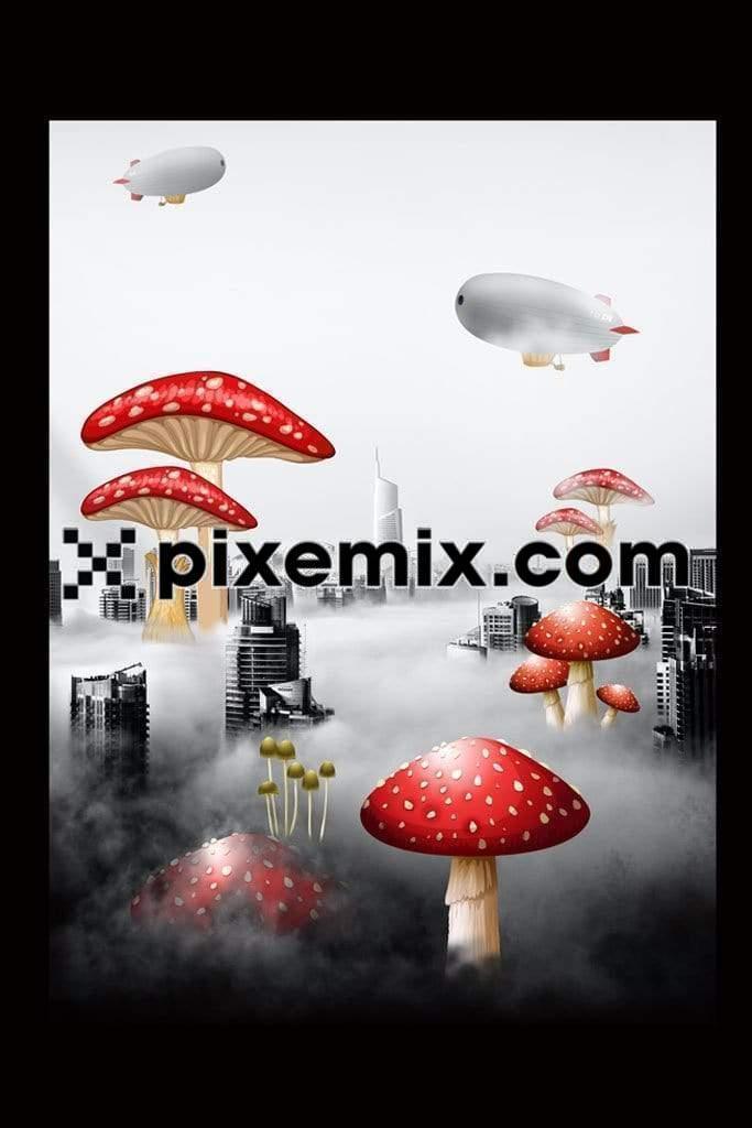 Surreal inspired red mushroom around the city product graphic