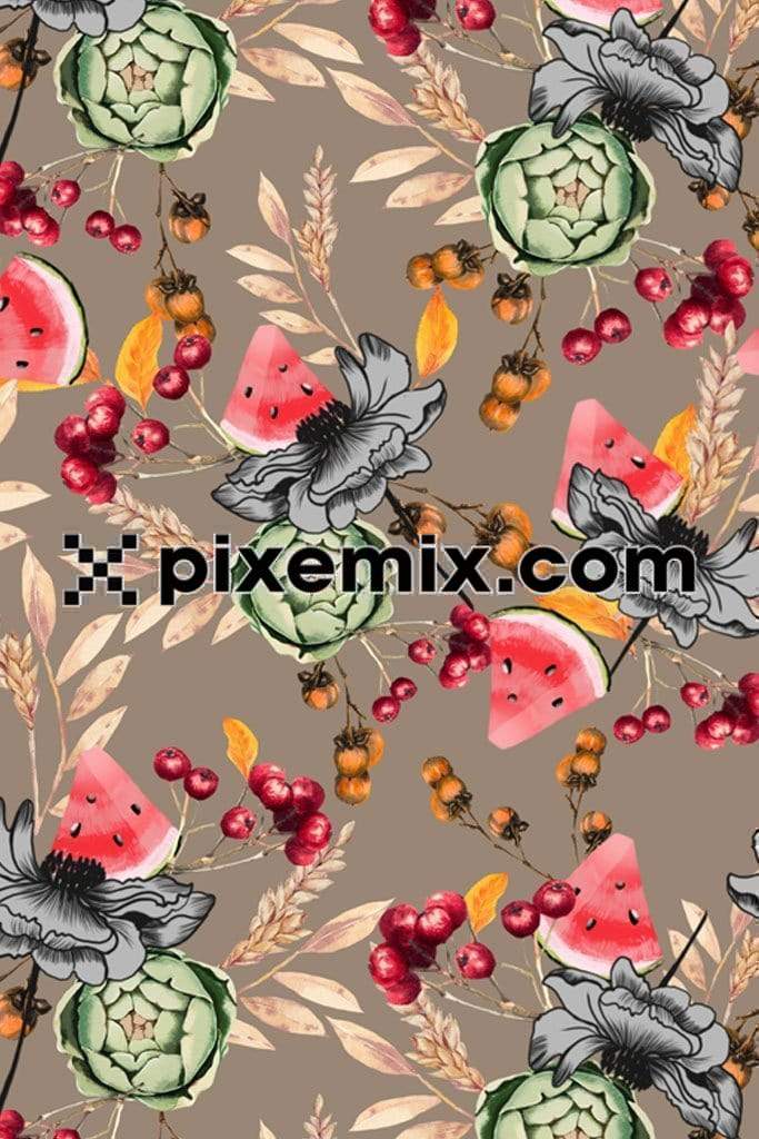 Watermelon & fruit floral product graphic with seamless repeat pattern