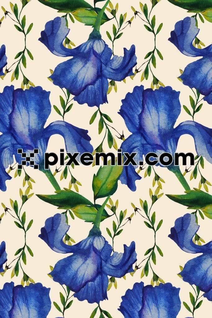 Tropical blue floral product graphic with seamless repeat pattern
