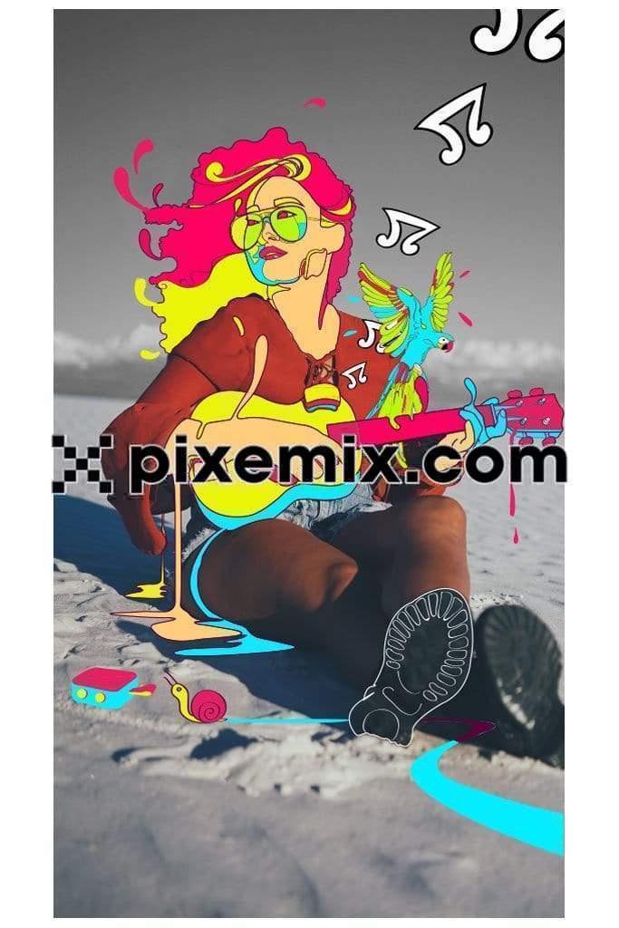 Pop art inspired girl on beach with guitar product graphic