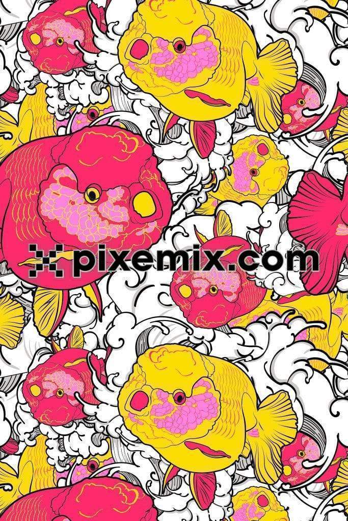 Pop art inspired cute fish vector product graphic with seamless repeat pattern