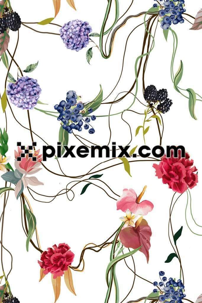Topical florals and fruits creeper product graphic with seamless repeat pattern