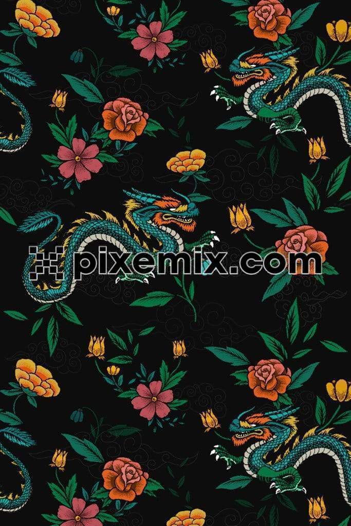 Vintage dragon & flowers vector product graphic with seamless repeat pattern