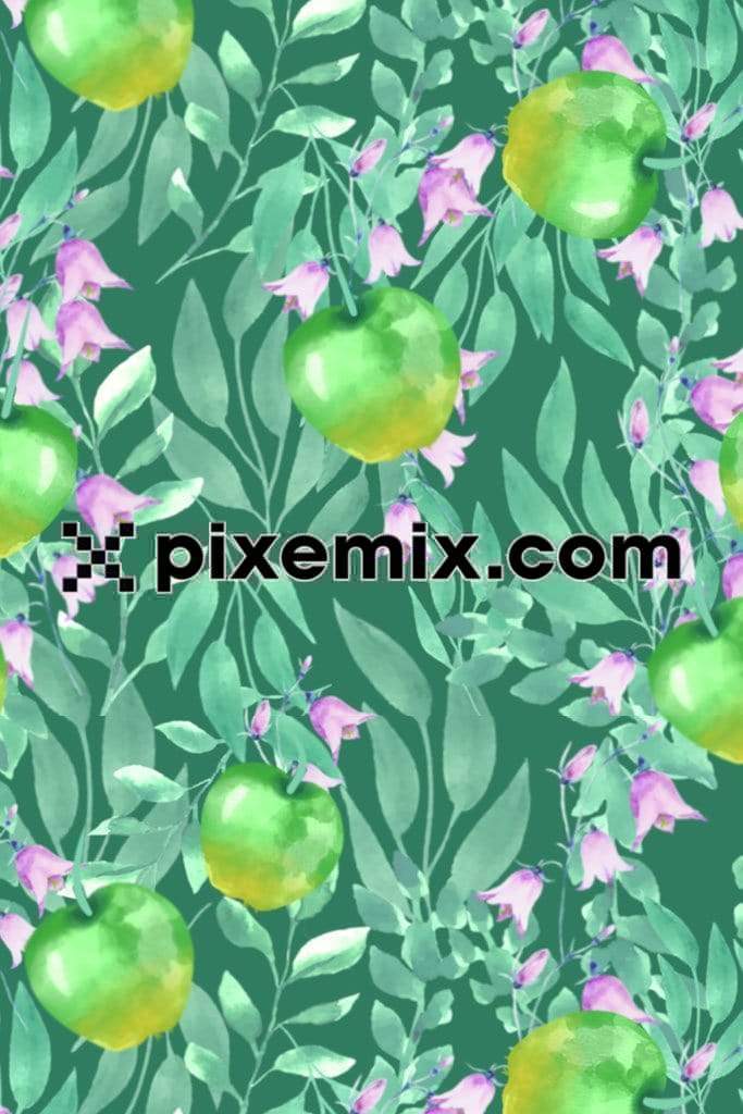 Green apple florals and leaves product graphic with seamless repeat pattern
