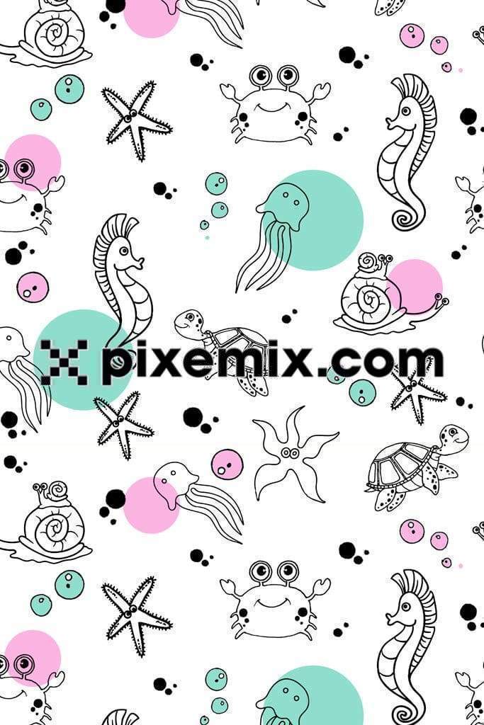 Cute sea creatures doodle product graphic with seamless repeat pattern