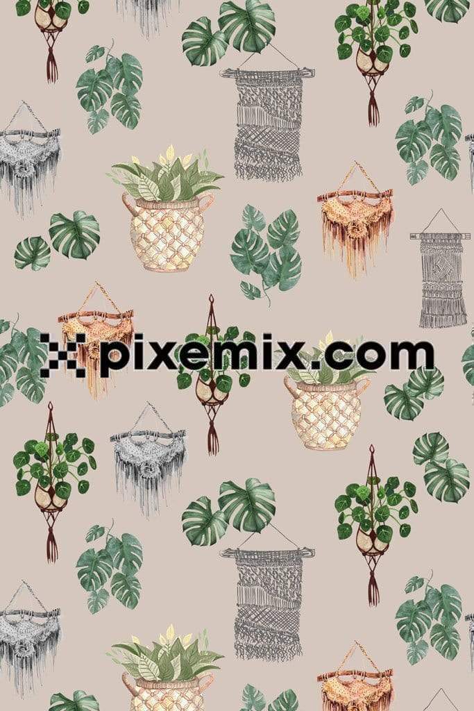 Beautiful macrame planters and wall hangers product graphic with seamless repeat pattern