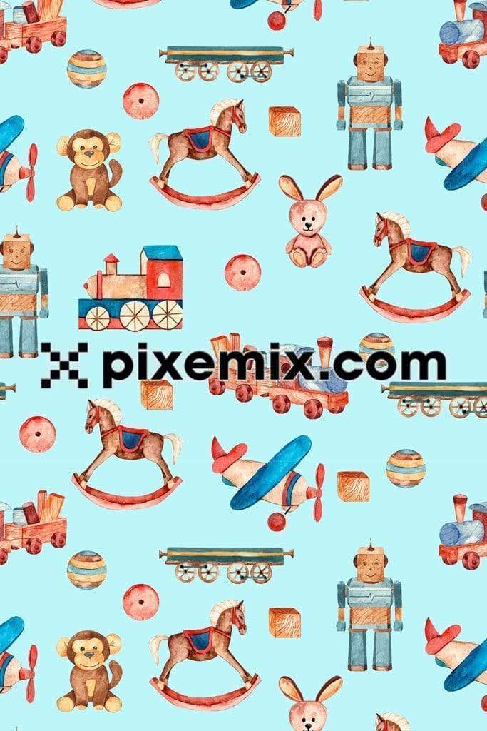 Cute vintage wooden toys product graphic with seamless repeat pattern