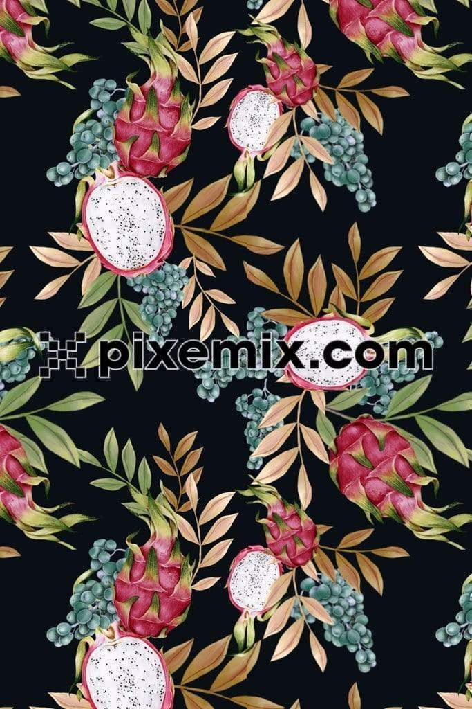 Sliced dragon fruit and leaves product graphic with seamless repeat pattern