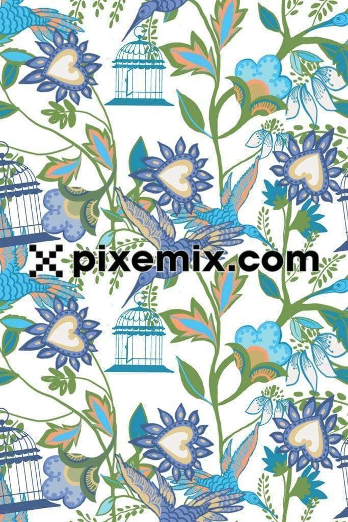 Artistic birds & cage product graphic with seamless repeat pattern