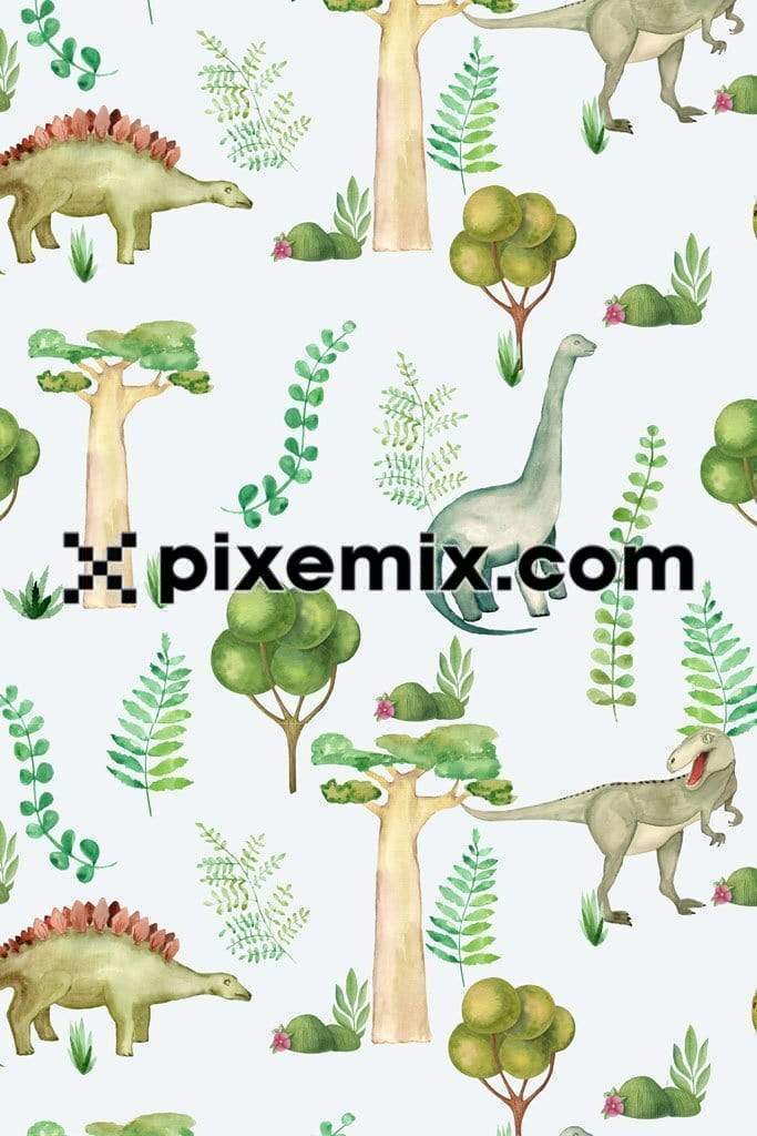 Cute watercolor dinosaur in wildlife product graphic with seamless repeat pattern