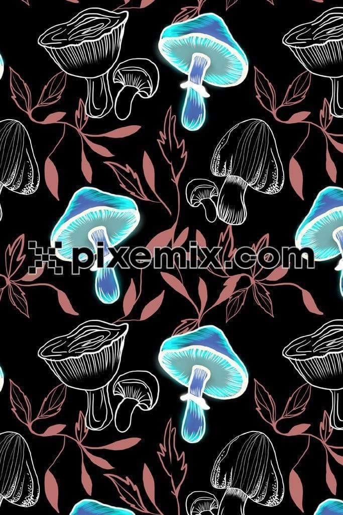 Glowing and lineart mushroom product graphic with seamless repear pattern