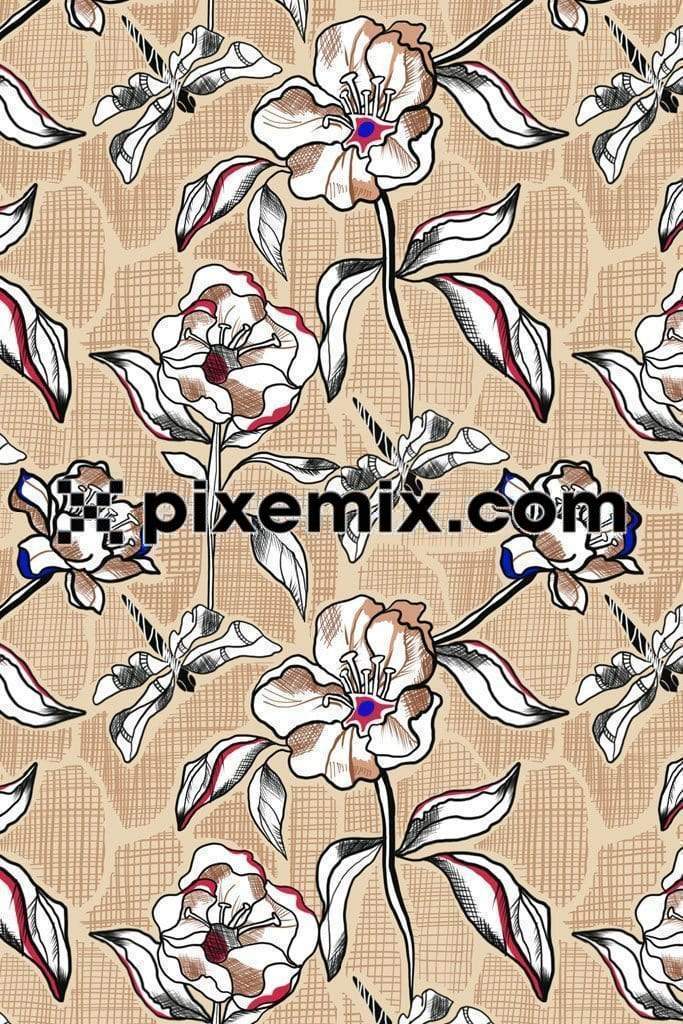 Artistic florals & dragonfly product graphic with seamless repeat pattern