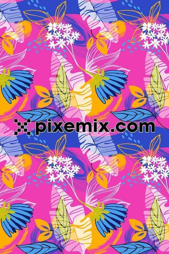 Pop art inspired tropical florals overlay product graphic with seamless repeat pattern