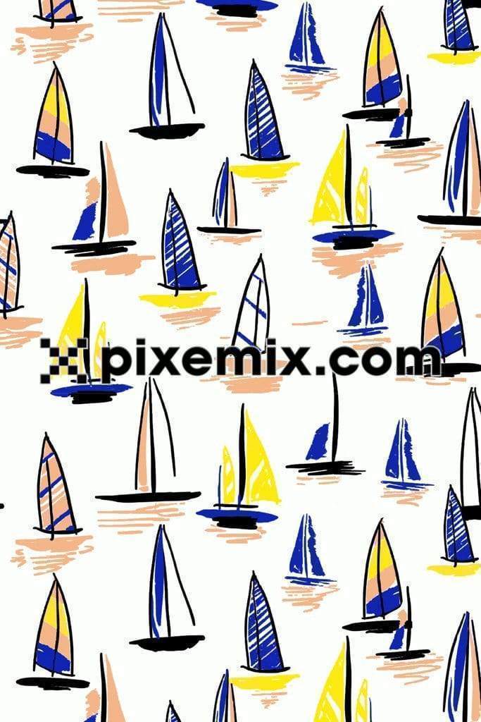 Doodle art inspired cute sail icons product graphic with seamless repeat pattern