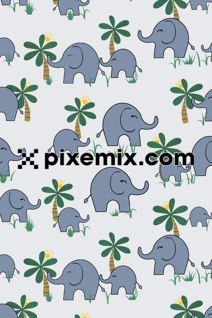 cute baby elephant and mother product graphic with seamless repeat pattern