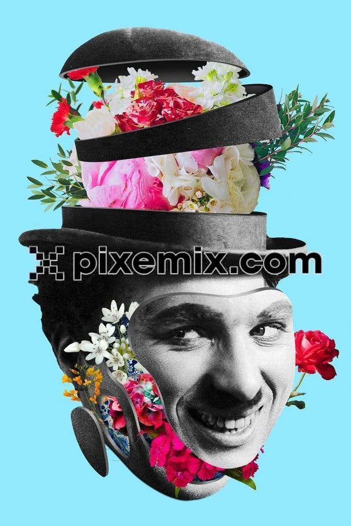 Pop culture inspired charlie chaplin cutout face with florals influence product graphic