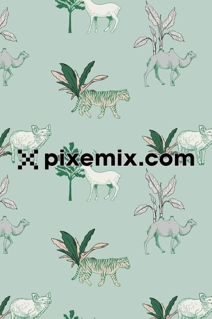 Animal around bushes product graphic with seamless repeat pattern