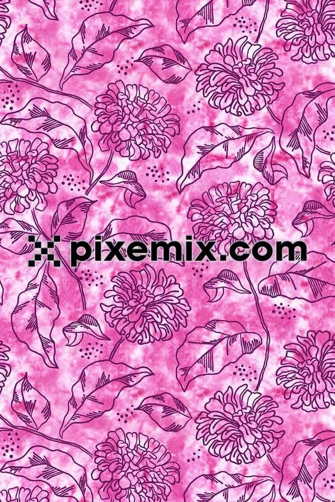 Doodle art florals tie dye background product graphic with seamless repeat pattern