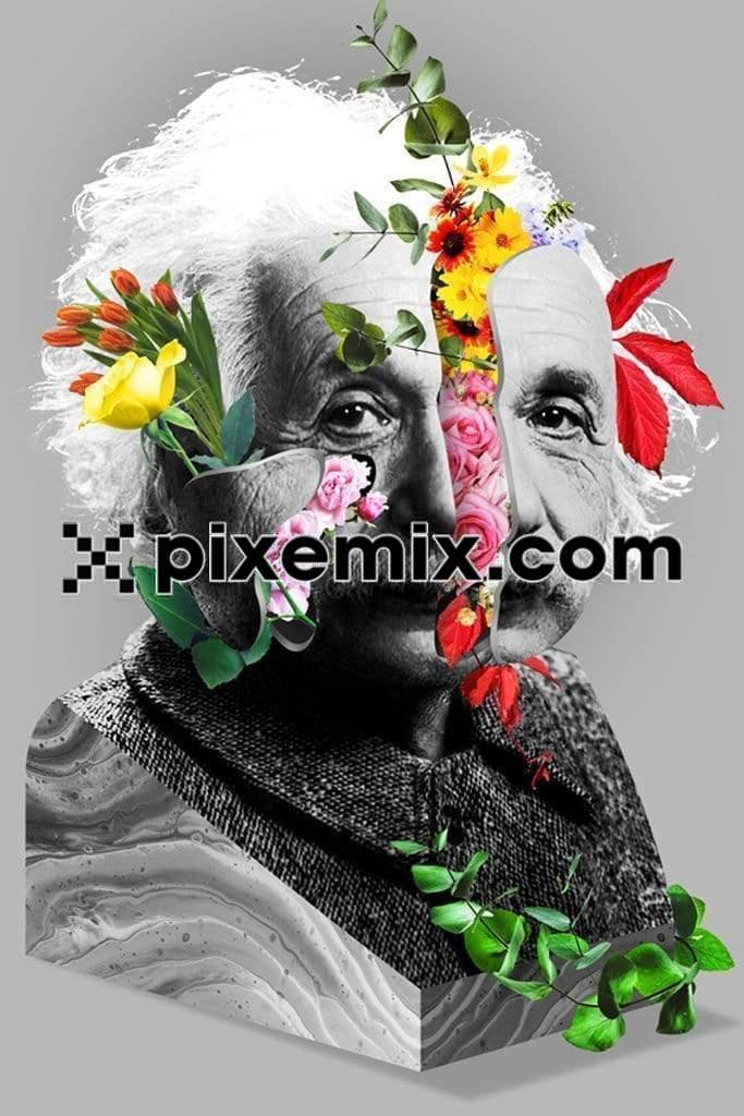 Pop culture inspired albert einstein cutout face with florals influence product graphic