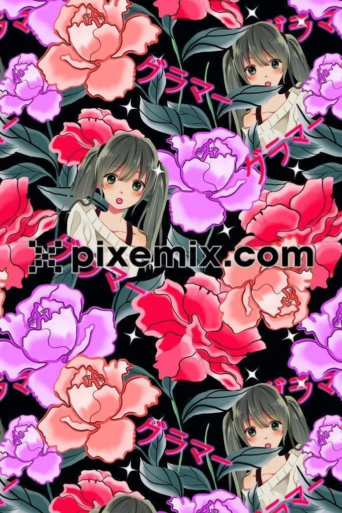 Rose around anime cartoon characters Product graphic with seamless repeat pattern