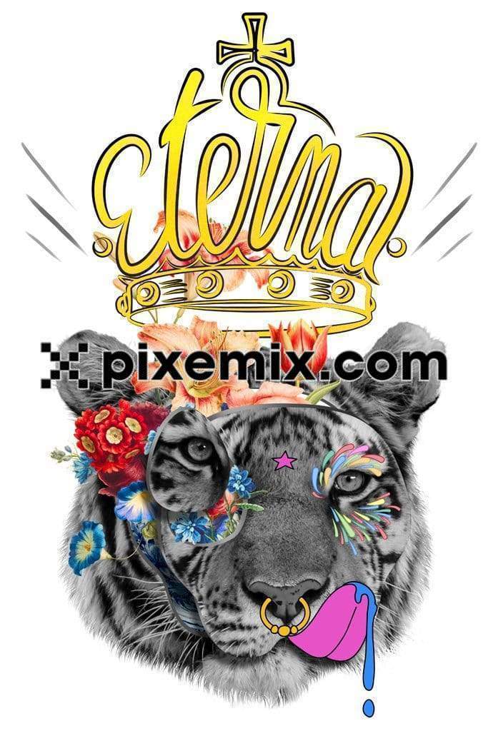 Pop culture inspired tiger cutout face with florals influence product graphic