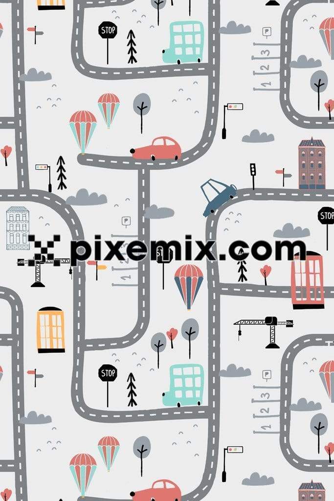 Cute cartoon city road map Product graphic with seamless repeat pattern