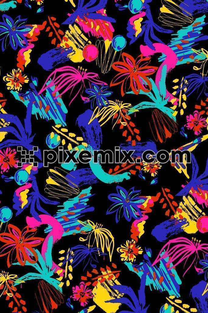 Pop art inspired absract brush stroke and  florals Product graphic with seamless repeat pattern