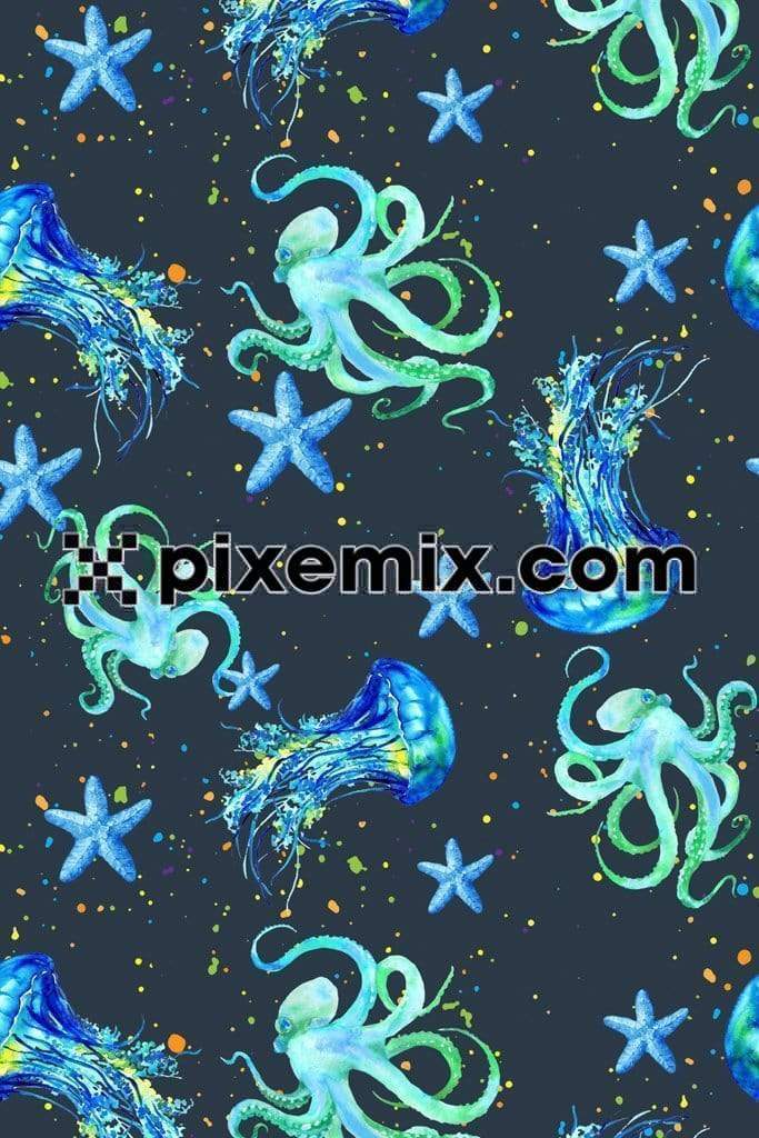 Sea animals product graphic with seamless repeat pattern
