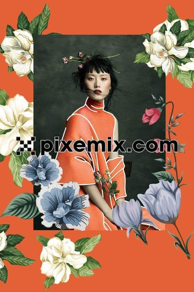 Photomanipulation inspired oriental girls around florals product graphic