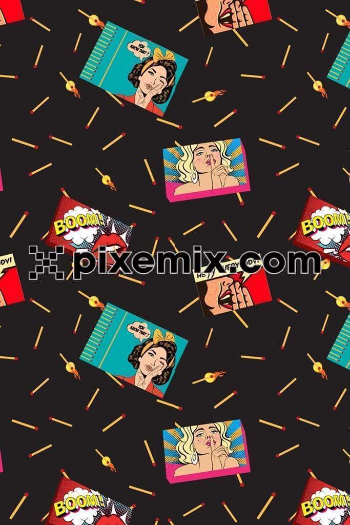 Popart inspired matchbox product graphic with seamless repeat pattern