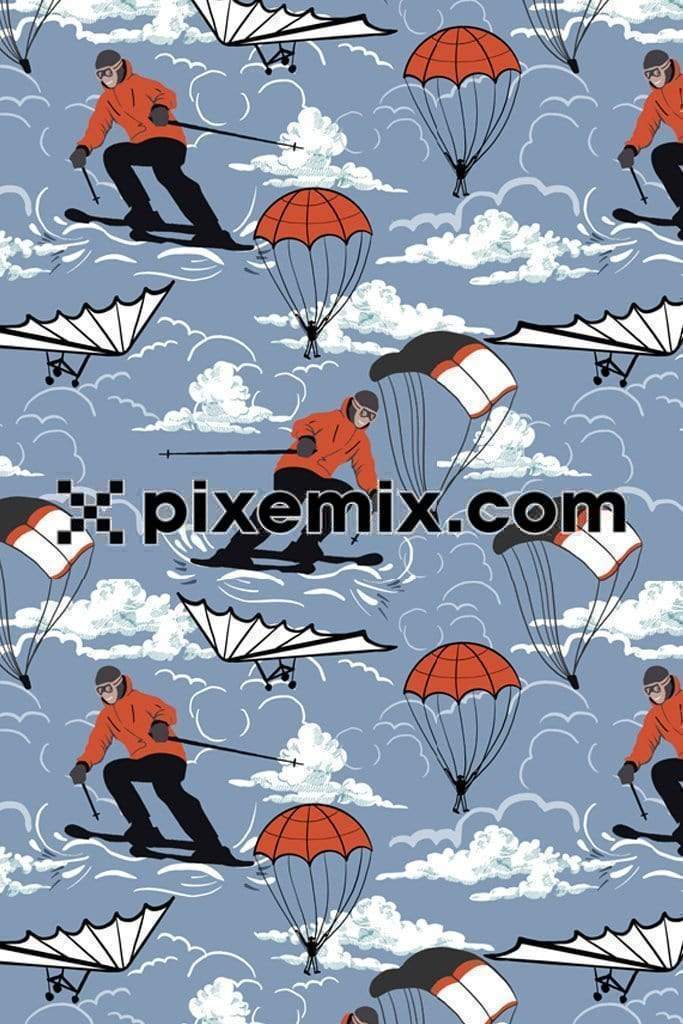 Surreal inspired sky skiing and parachute product graphic with seamless repeat pattern